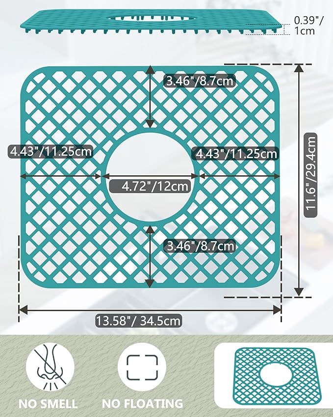 2 Pack Silicone Sink Protector for Kitchen Sink, Lozenge Pattern 13 x 11 inches Sink Grid Mat Silicone Protectors, Center Drain, Green