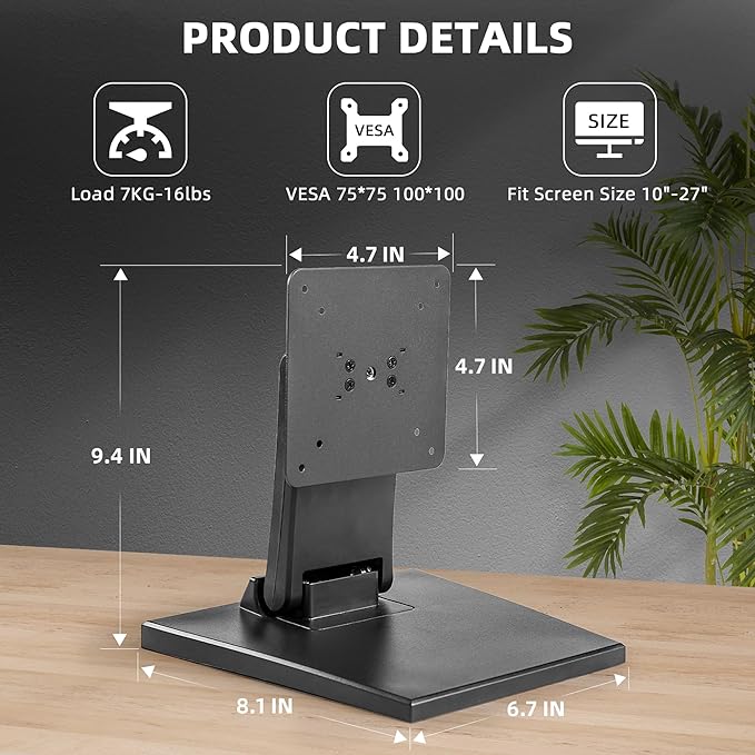 WEARSON Adjustable LCD TV Stand Folding Metal Monitor Desk Stand with VESA Hole 75x75mm&100x100mm (WS-03A2)