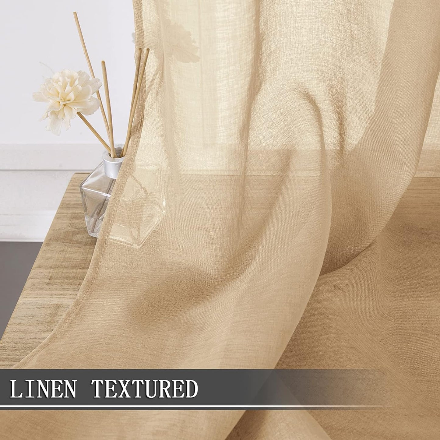 Tollpiz Sheer Curtains Bedroom Linen Textured Curtain Sheers Light Filtering Voile Rod Pocket Curtains for Living Room, 38 x 84 inches Long, Beige, Set of 2 Panels