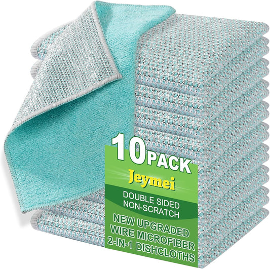 10counts Non Scratch Wire Dishcloth Multipurpose Wire Dishwashing Rag for Washing Dishes,Double Layer Microfiber Cleaning Cloth,Reusable Diamond Weave Steel Wool Scrubber Cloths,Blue