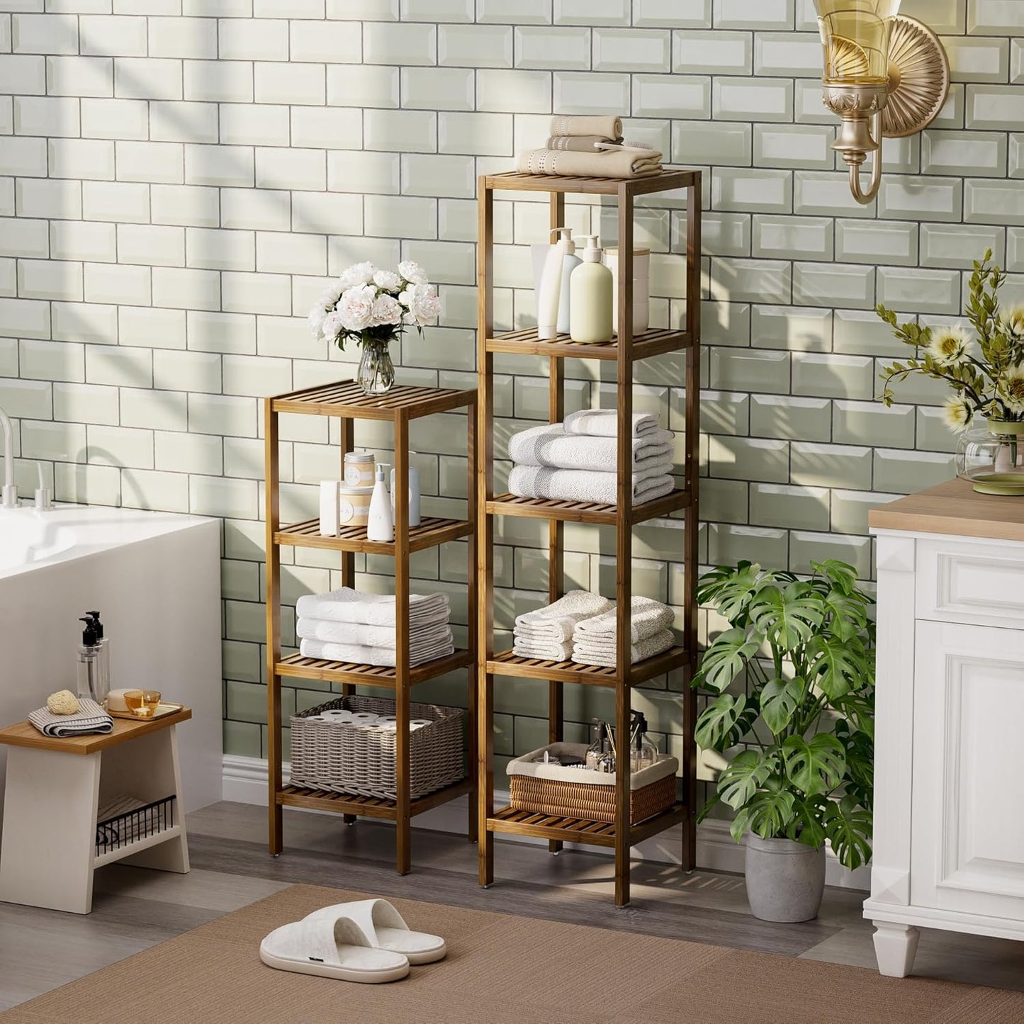 SMIBUY Bathroom Storage Shelf, 5-Tier Bamboo Rack Organizer, Multifunctional Shelving Unit for Living Room Bedroom Kitchen (Walnut)