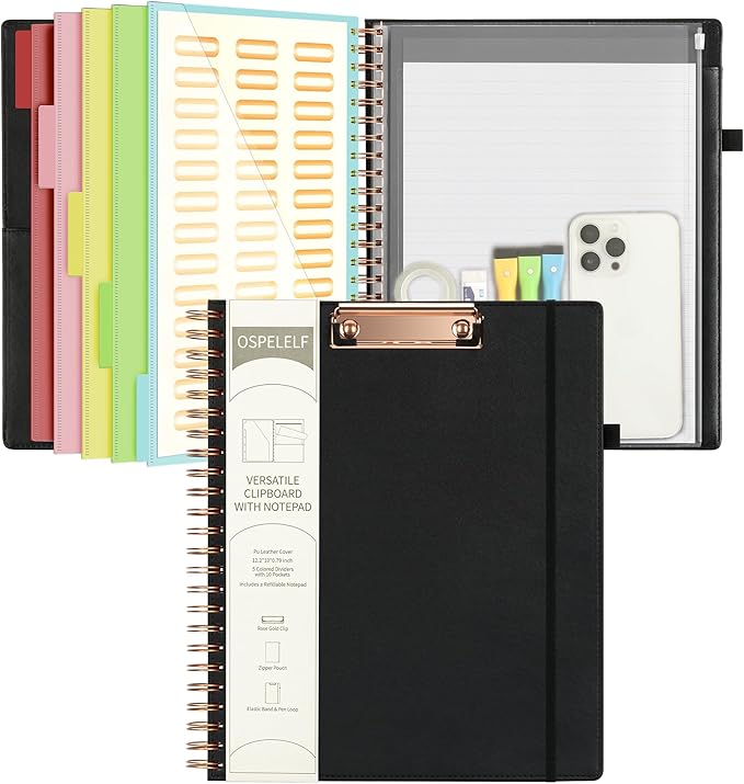 Ospelelf Leather Clipboard Folio with Notepad for Letter Size, Spiral Clipboard Folder with Storage Zipper Pouch, 5 Folders with 10 Pockets, 39 Divider Label Stickers, Pen Loop Series (Black)