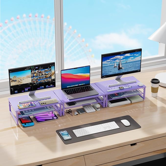 gianotter 2-Tier Metal Monitor Stand Riser, Office Desk Storage Organizer for Computer Monitor, Laptop, Printer, Office Supplies (Purple)