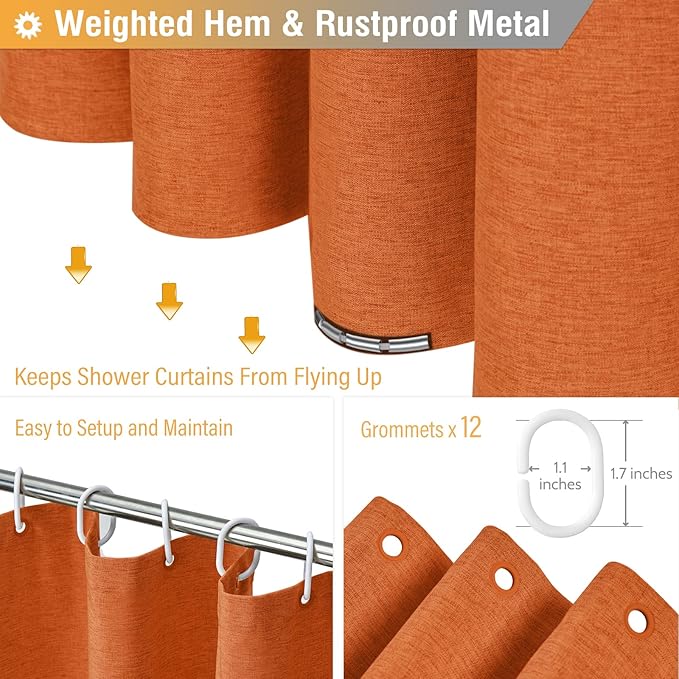 BTTN Extra Long Shower Curtain, 72x84 Inches Long Linen Textured Heavy Duty Fabric Shower Curtain Set with 12 Plastic Hooks, Tall Luxury Simple Waterproof Cloth Shower Curtains for Bathroom - Orange