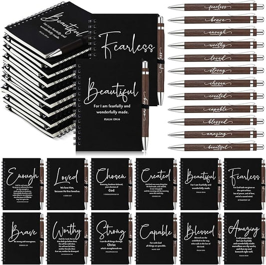 Kosiz 24 Sets Christian Gifts Bulk Inspirational Bible Verse Spiral Notebook and Religious Bamboo Ballpoint Pen Journal with Scripture for Easter Church Member First Communion Teacher Holy Week (Black)