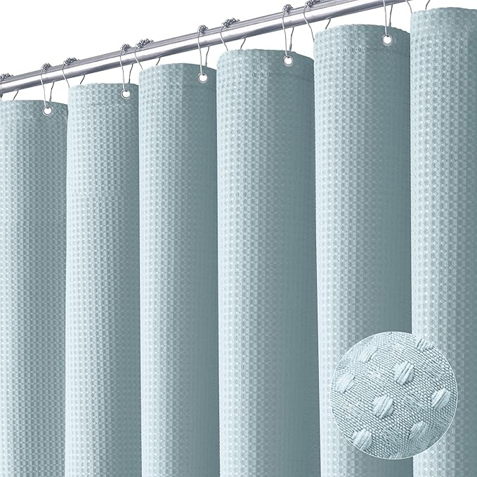 Dynamene Extra Wide Shower Curtain-108 Inch Wide Waffle Weave Weighted Thick Cloth Bathroom Shower Curtain, Neutral Heavy Duty Hotel Bath Curtain Set with 18 Plastic Hooks,108x72, Fog Blue