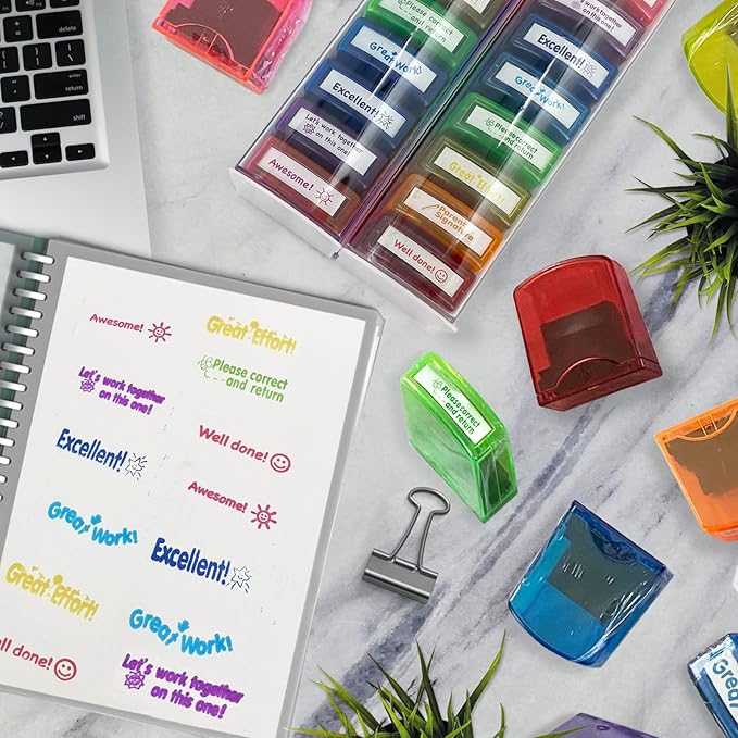 Teacher Stamps for Grading Classroom,Parent Signature Self-Inking Teacher Stamp Set School Supplies Stamps for Homework Reward with 8 pcs Classroom Supplies for School Elementary(Rainbow)