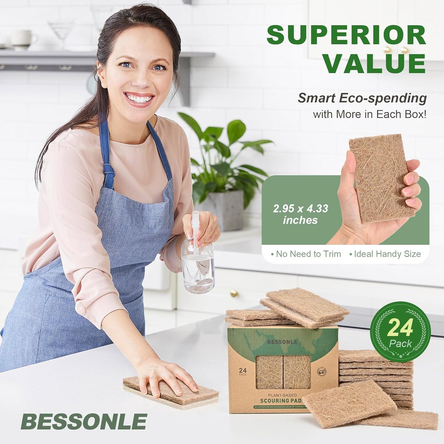 24 Pack Natural Scrub Kitchen Sponges - Coconut Husk Non Abrasive Scouring Pads - Multipurpose Scrubbing for Dishes - Heavy Duty Dishes, Pan and Pot Scrubbers for Kitchen Non Scratch