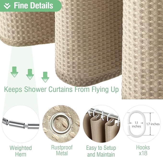 Dynamene Extra Wide Shower Curtain-108 Inch Wide Waffle Weave Weighted Thick Cloth Bathroom Shower Curtain, Neutral Heavy Duty Hotel Bath Curtain Set with 18 Plastic Hooks,108x72, Beige/Khaki