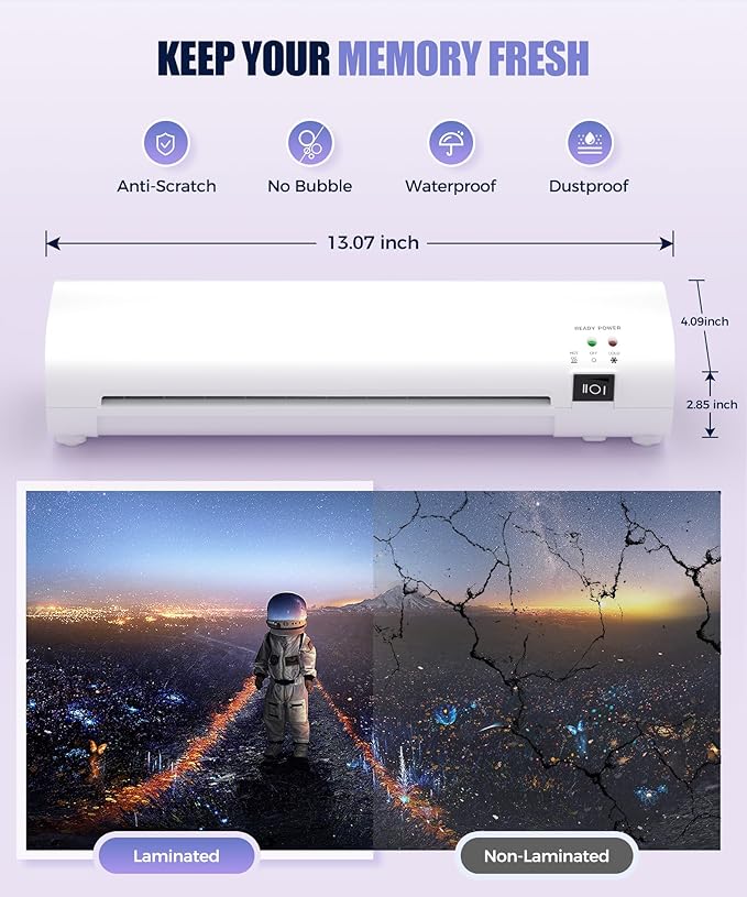 9 Inch Portable Laminator Machine with Anti-Jam Tech, All-in-One A4 Thermal Laminator w/Trimmer & Corner Rounder for Home, Office, School, Business, 40 Sheets Included（White）