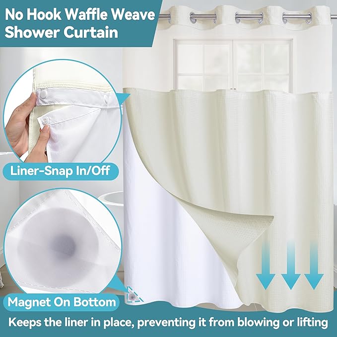 Extra Wide No Hook Waffle Weave Shower Curtain with Snap in Liner Set, 108" x 74" Hotel Luxury Beige Shower Curtains for Bathroom with See Through Top Window, Waterproof, Washable 108W x 74H