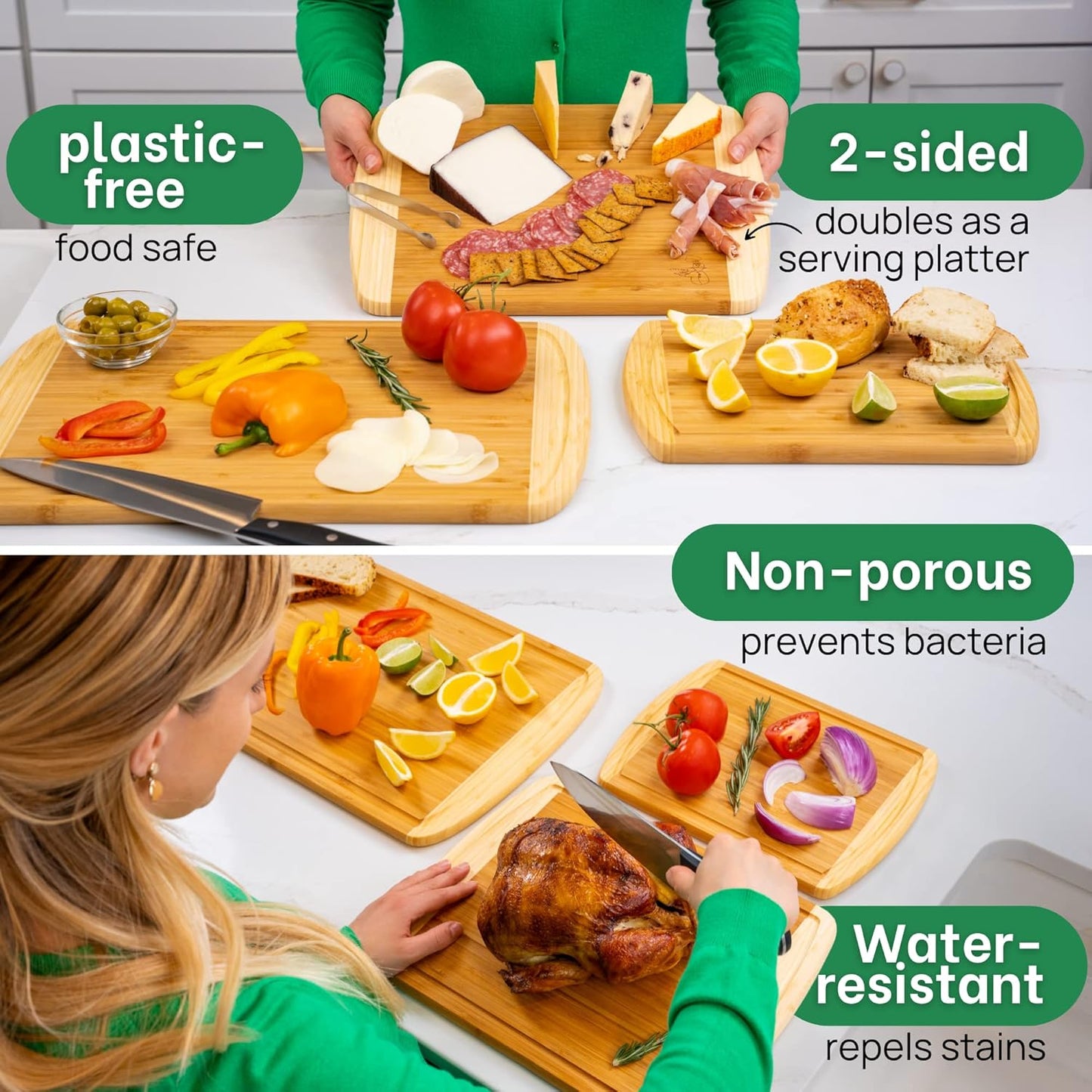 Extra Large Bamboo Cutting Board Set – Wood Cutting Boards for Kitchen, Non Toxic Cutting Board Set for Chopping, Slicing, Carving, Charcuterie – Ideal for Home Cooks, Entertaining, Family Meals