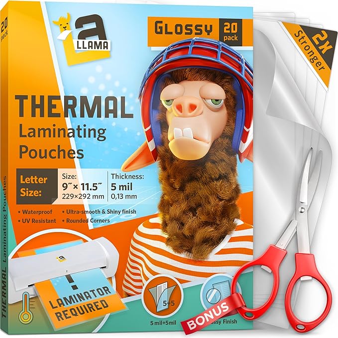 Thermal Laminating Pouches, 9 x 11.5 Inches, 5 Mil Thick, 20 Pack of Glossy Lamination Pouches, Fitted for Letter Size Laminating Sheets 8.5 x 11