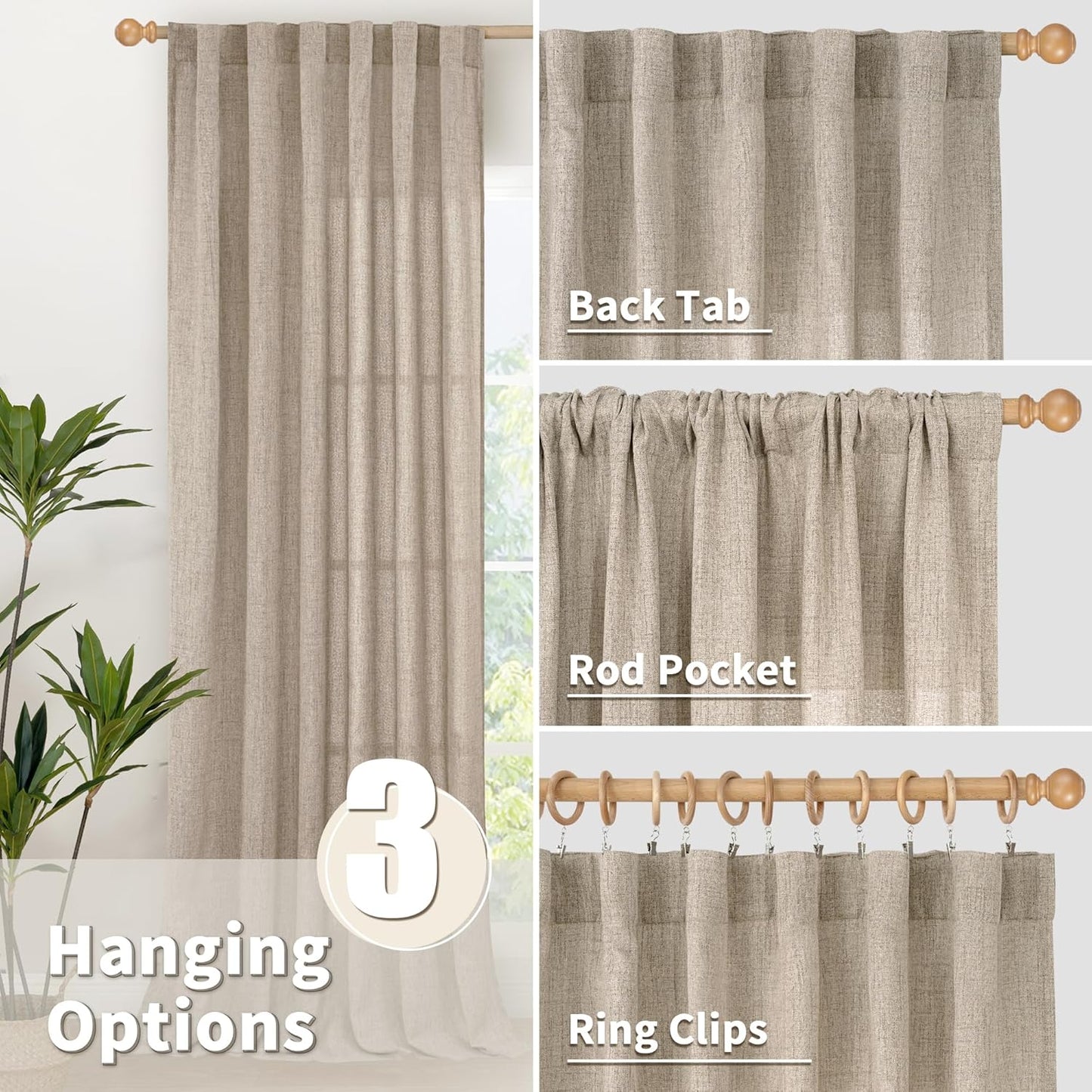 YoungsTex Dark Oatmeal Linen Semi Sheer Curtains 80 Inch Length for Living Room, Light Filtering Window Treatments Drapes with Rod Pocket Back Tab for Bedroom, 2 Panels, 52 X 80 Inch