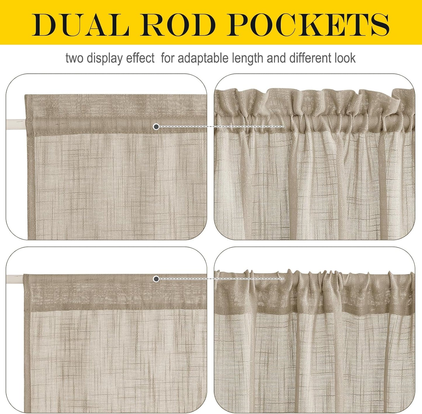 NICETOWN French Door Curtain Panel - Durable Faux Linen Casual Weave Sheer Front Door Window Covering, Privacy Light Filtering Semi Sheer Curtain with Tieback (Taupe, 1 Panel, 30" by 72")