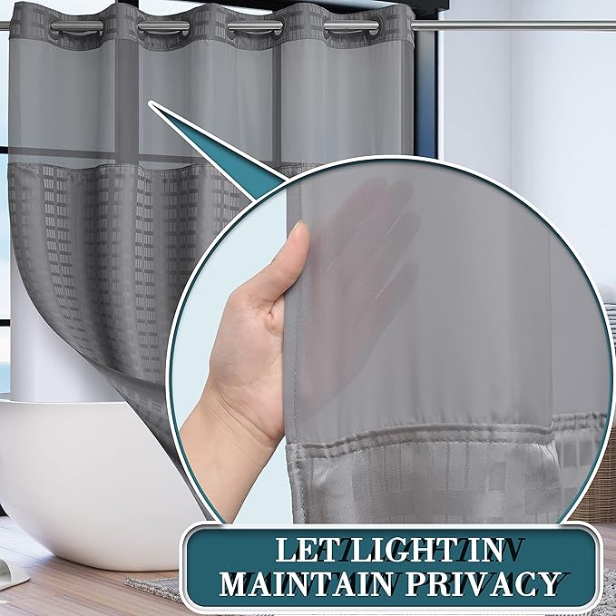 Conbo Mio Extra Long No Hook Shower Curtain with Snap in Liner Set, Hotel Luxury Grey Shower Curtains for Bathroom with See Through Top Window, Waterproof, Washable 71W x 84H