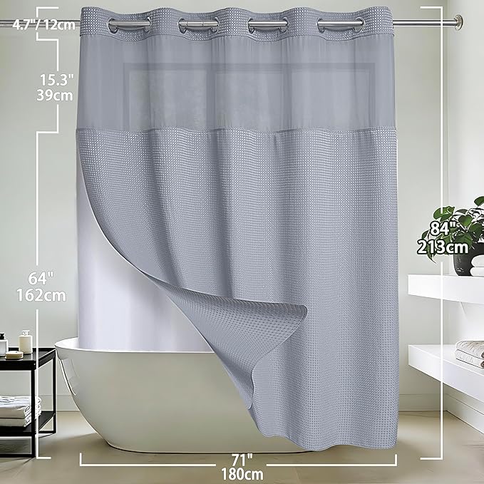 Conbo Mio Extra Long No Hook Waffle Weave Shower Curtain with Snap in Liner Set, Hotel Luxury Grey Shower Curtains for Bathroom with See Through Top Window, Waterproof, Washable 71W x 84H