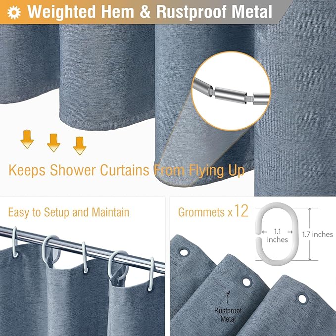 BTTN Fabric Shower Curtain, Linen Textured Heavy Duty Polyester Cloth Shower Curtain Set with Plastic Hooks, Blue Grey, 60x72