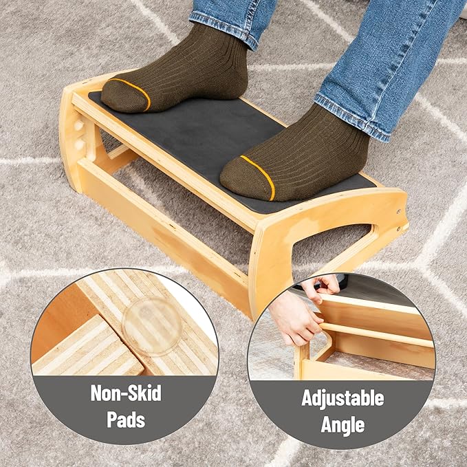 Mind Reader Adjustable Wooden Foot Rest with Anti-Slip Surface, 3 Height Levels, Natural Wood, Brown