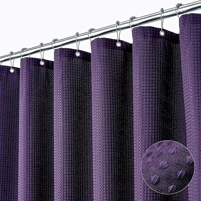 Dynamene Extra Wide Shower Curtain - 108 Inch Wide Waffle Weave Weighted Thick Cloth Bathroom Shower Curtain, Neutral Heavy Duty Hotel Bath Curtain Set with 18 Plastic Hooks,108x72, Purple
