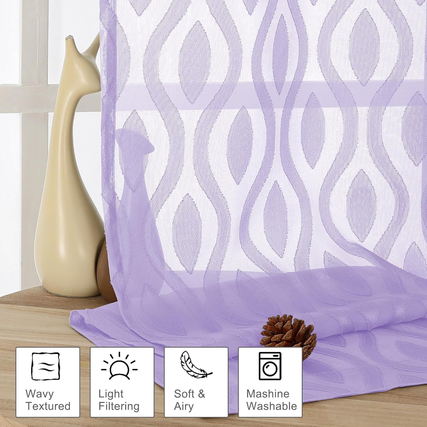 Aiyufeng Purple Sheer Curtains 84 Inch Length 2 Panels, Solid Lightweight Clip Jacquard Light Filtering for Bedroom Living Room, Modern Wavy Line Rod Pocket, Total 80 Inches Width
