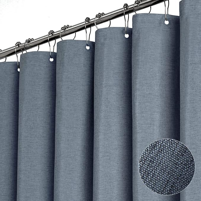 BTTN Fabric Shower Curtain, Linen Textured Heavy Duty Polyester Cloth Shower Curtain Set with Plastic Hooks, Blue Grey, 60x72