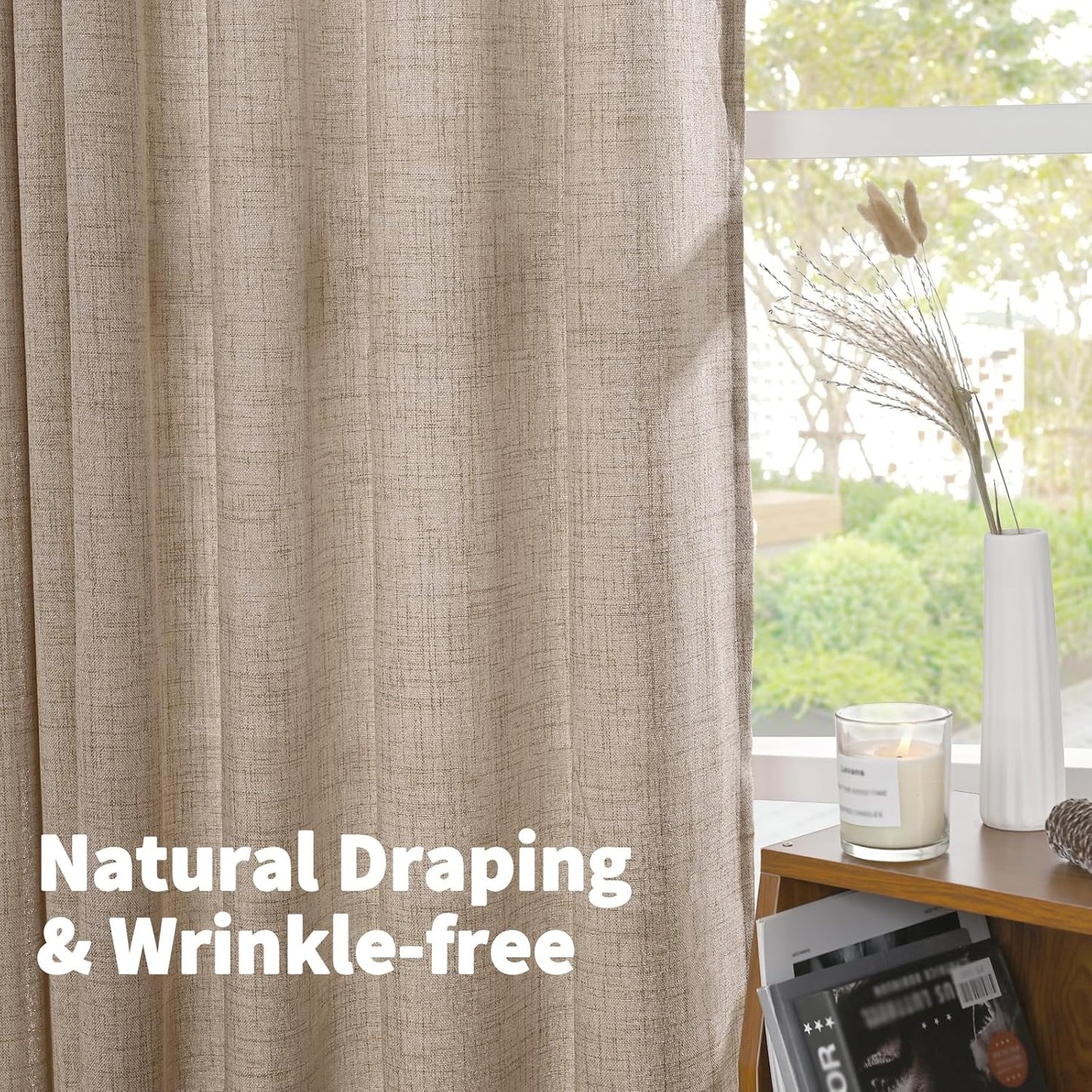 YoungsTex Oatmeal Linen Semi Sheer Curtains 63 Inch Length for Living Room, Light Filtering Window Drapes with Back Tab for Bedroom, 2 Panels, 40 X 63 Inch