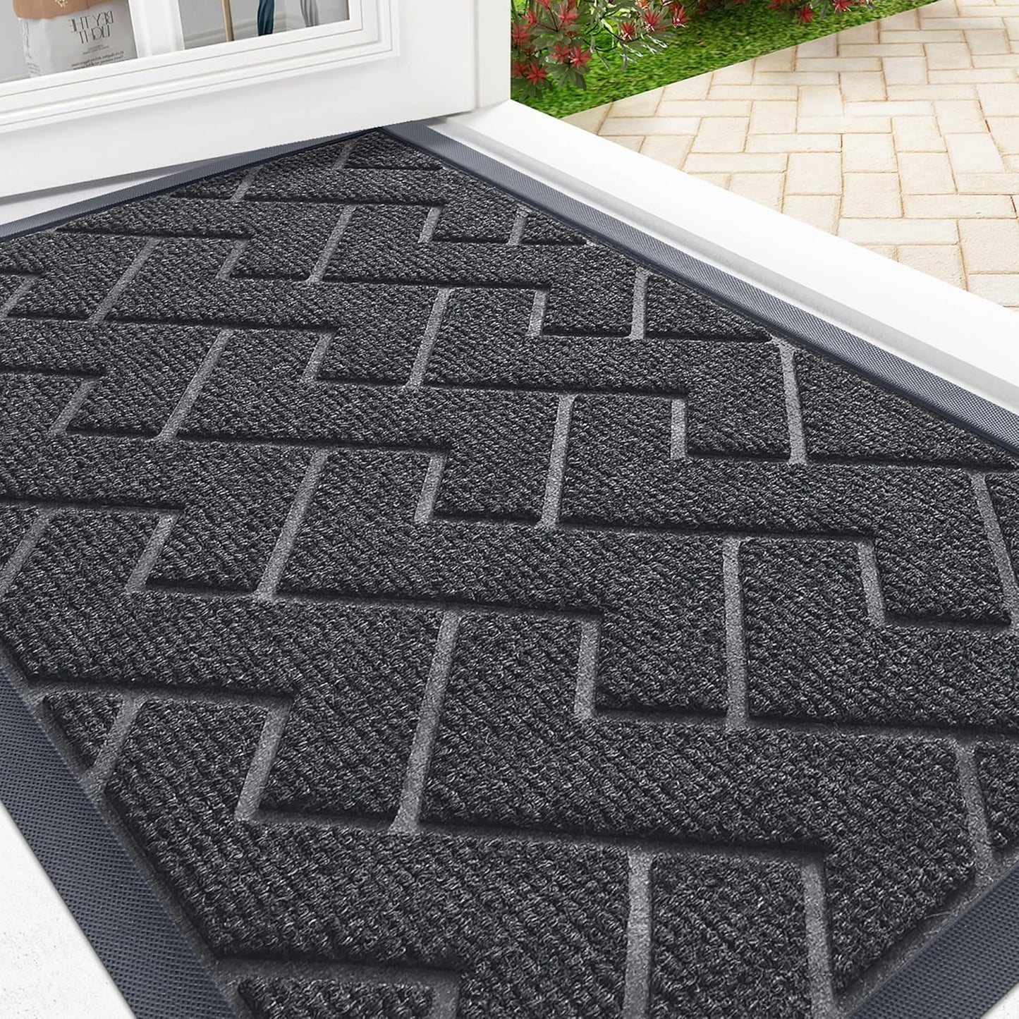 OLANLY Front Door Mat Indoor Outdoor Entrance, Waterproof All-Season, All-Weather Doormat, Sturdy Natural Rubber, Low Profile, Easy Clean Patio Porch Entryway Mat, Herringbone Brick (Grey, 47x23)