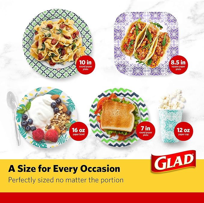 Glad Round Disposable Paper Bowls, Purple Victorian Design - Heavy Duty, Soak Proof, Cut-Resistant, Microwavable Bowl for All Foods & Daily Use, 12 Oz, 20 Count