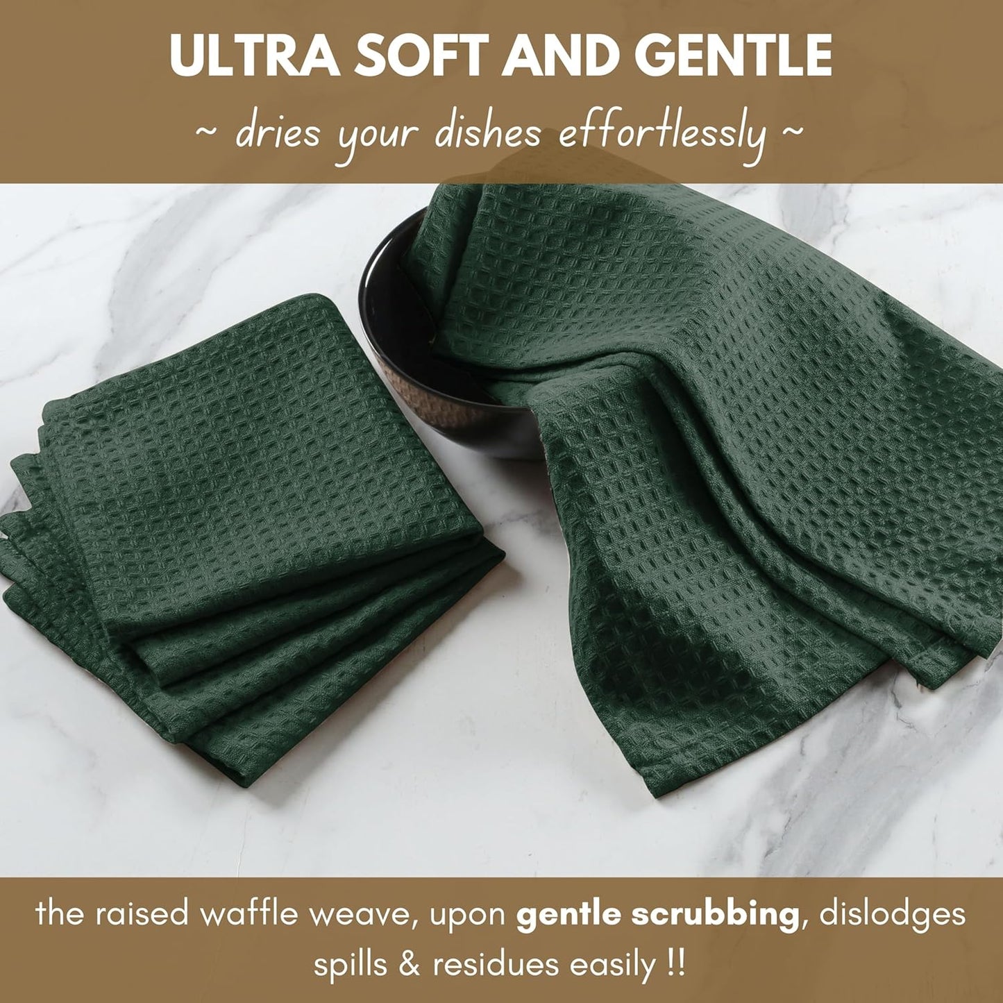 Native Fab Cotton Kitchen Towel with Hanging Loop 16x26 inches, 6-Pack, Waffle Weave Kitchen Towels for Cleaning Drying, Washcloths Soft & Absorbent Cloth Rags, Bar Towel, Dish Cloth, Olive Green