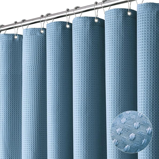Dynamene Extra Wide Shower Curtain - 180 Inch Wide Waffle Weave Weighted Thick Cloth Bathroom Shower Curtain, Neutral Heavy Duty Hotel Bath Curtain Set with 32 Plastic Hooks, 180x72, Moonlight Blue