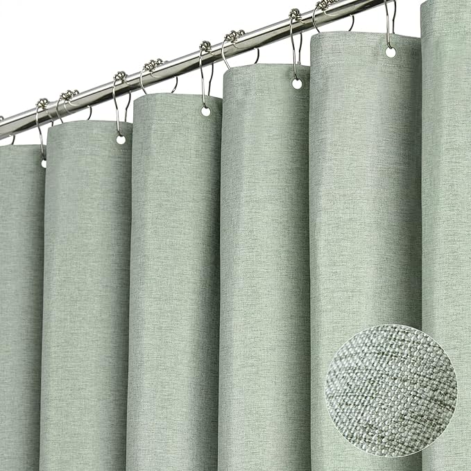 BTTN Stall Fabric Shower Curtain, 54x78 Inch Long Linen Textured Heavy Duty Thick Shower Curtain Set with 10 Plastic Hooks, Hotel Spa Weighted Waterproof Neutral Bath Curtains for Bathroom, Sage Green