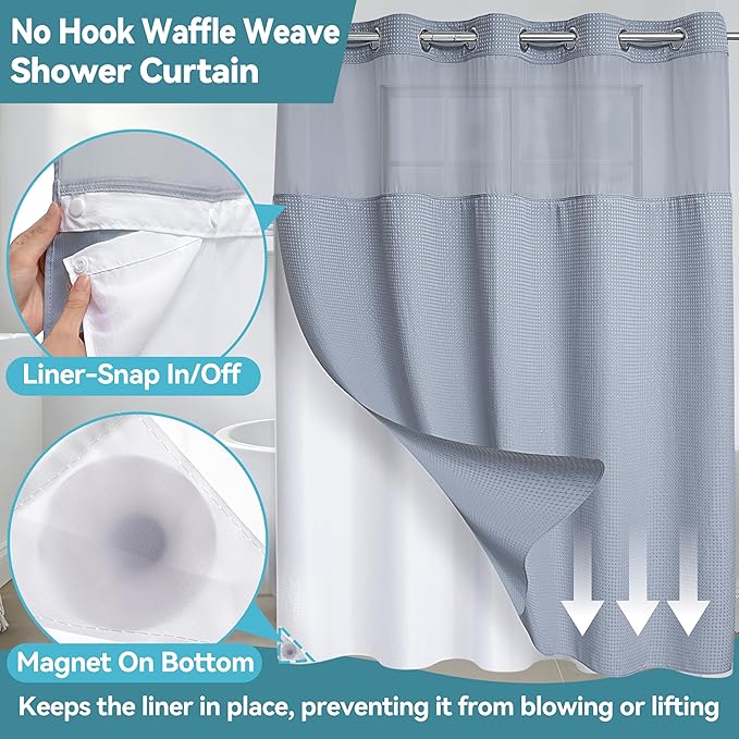 Conbo Mio Extra Wide No Hook Waffle Weave Shower Curtain with Snap in Liner Set, 108" x 74" Hotel Luxury Grey Shower Curtains for Bathroom with See Through Top Window, Waterproof, Washable 108W x 74H